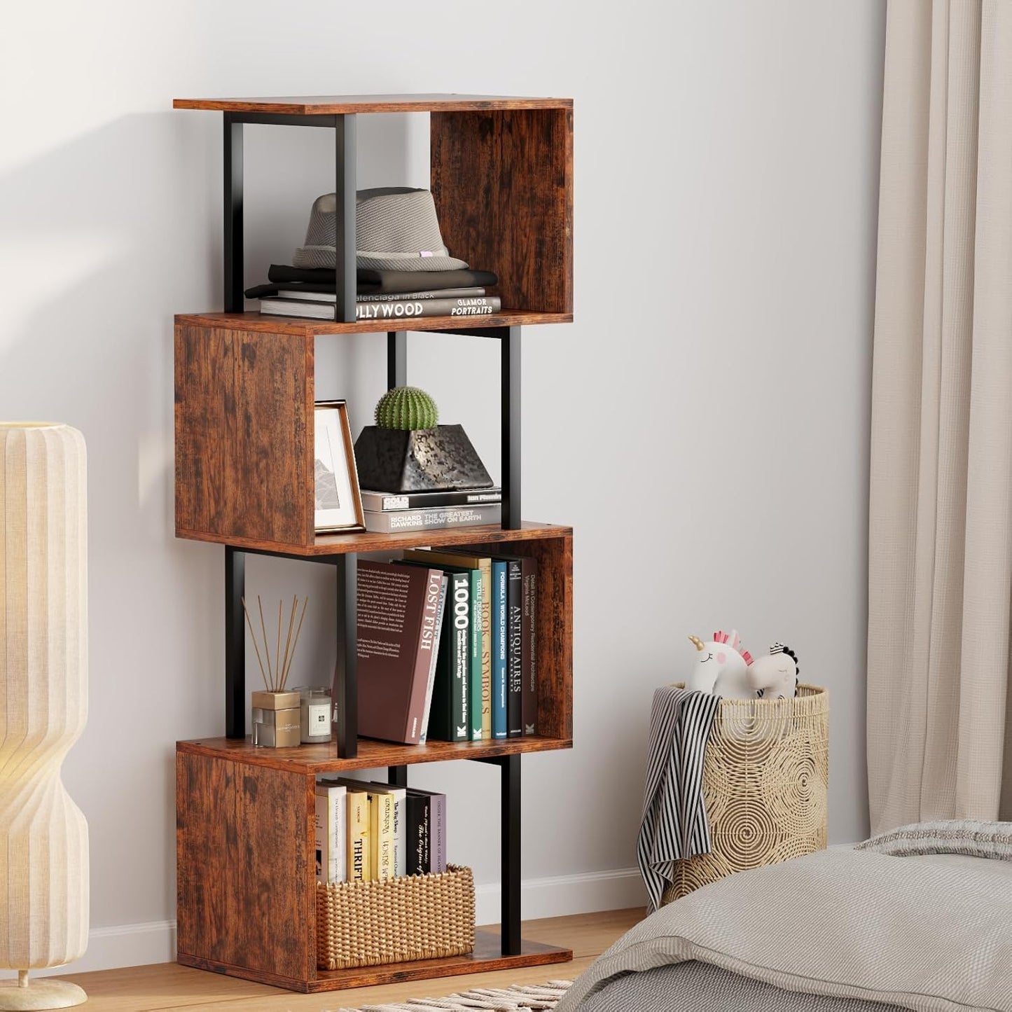 Furologee 5 Tier Bookshelf, S Shaped Geometric Bookcase, Narrow Freestanding Display Shelves, Modern Wood Decorative Storage Rack for Bedroom, Living Room, Home Office, Rustic Brown