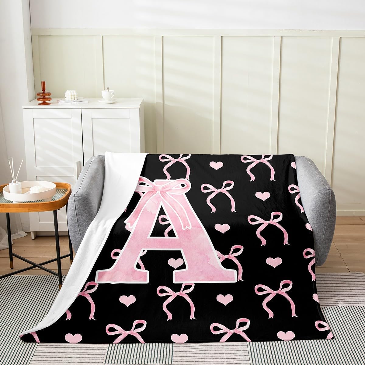 Erosebridal Initial Letter A Flannel Blanket Throw 50x60 Inch for Girls Black Pink Alphabet Fleece Blanket Ombre Ribbon Knot Kawaii Love Hearts Microfiber Bowknot Fuzzy Plush Throw