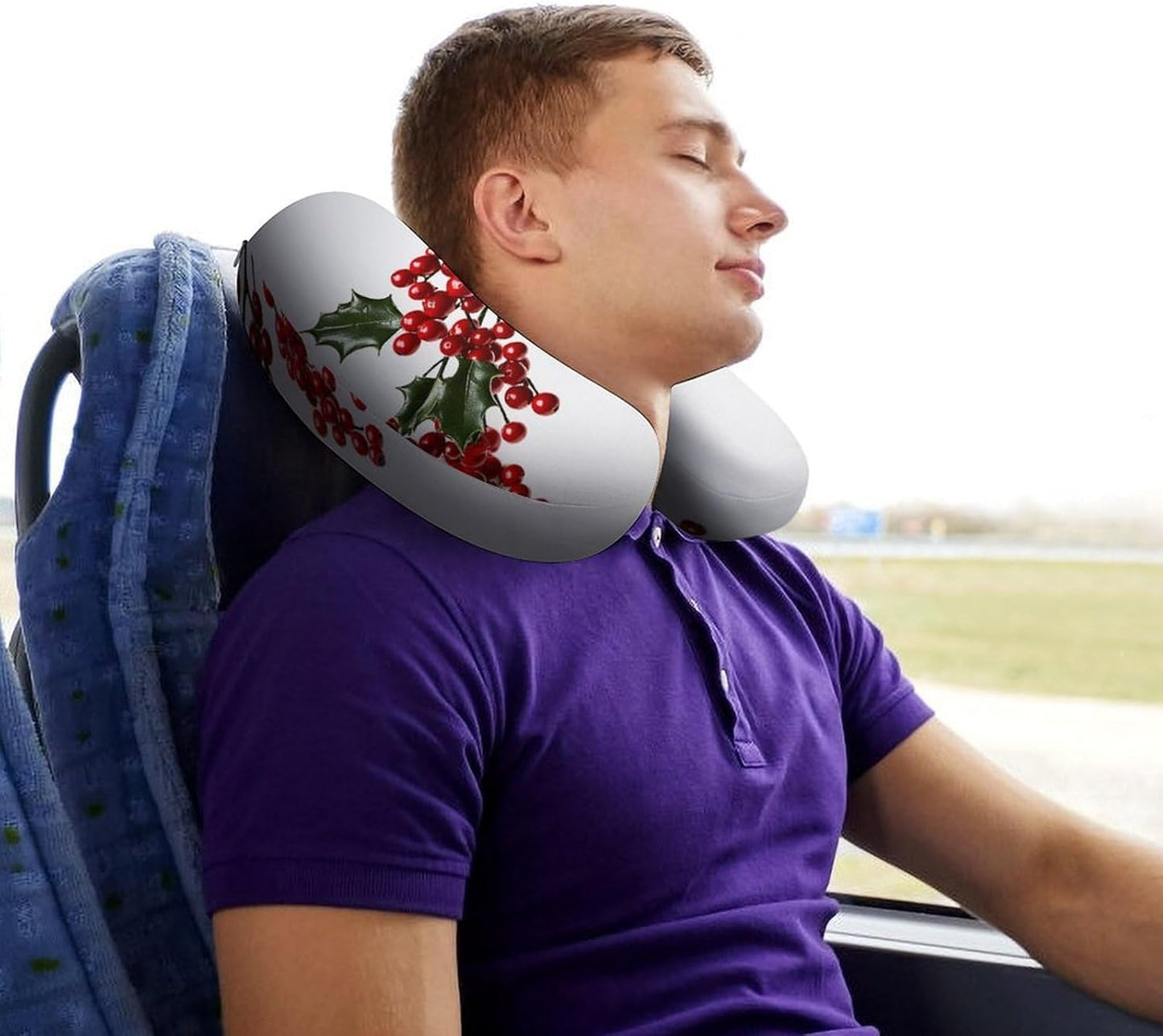 Holly Berry Branches Neck Pillow Memory Foam U Shaped Pillows Portable Pillows for Shoulder Travel Head Support Pillow with Concealed Zipper for Airplane Car Home Office