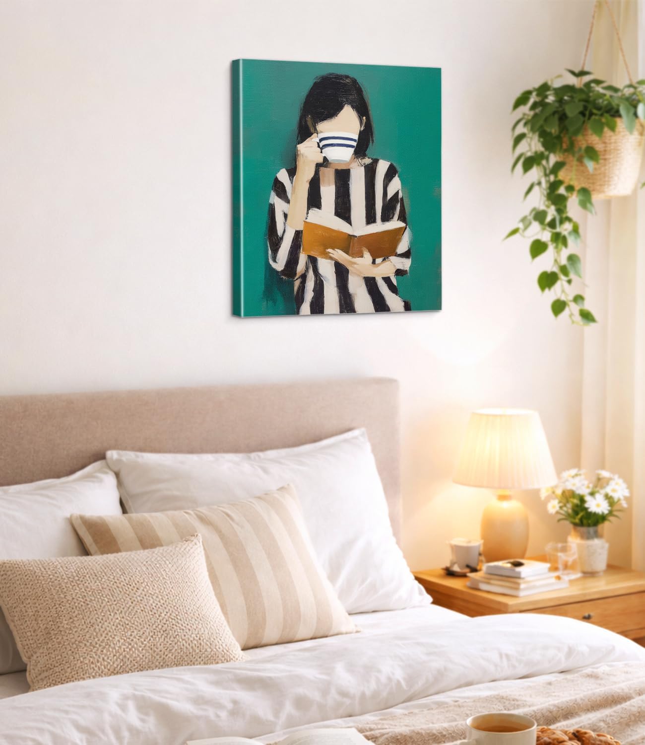Green Reading Woman Wall Art Print - Bookish Woman Canvas Poster Painting - Book Lover Gifts Wall Decor for Home Living Room Study 8x10 Inch Framed