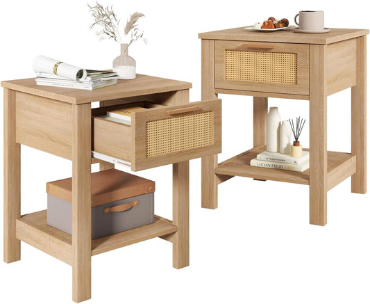 IBUYKE Rattan Nightstand Set of 2, Night Stand with Drawer and Storage Shelf, Boho Bedside Tables, Farmhouse End Side Table for Bedroom, Natural UWNS011N-2