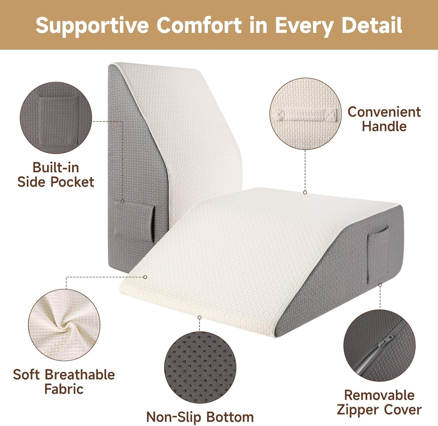8" Leg Elevation Pillow, Leg Wedge Pillow for Swelling and Blood Circulation, Leg Pillow for After Surgery Recovery, Knee Hip Ankles Back Pain Relief, Knee Pillow for Sleeping, Removable Cover, Grey