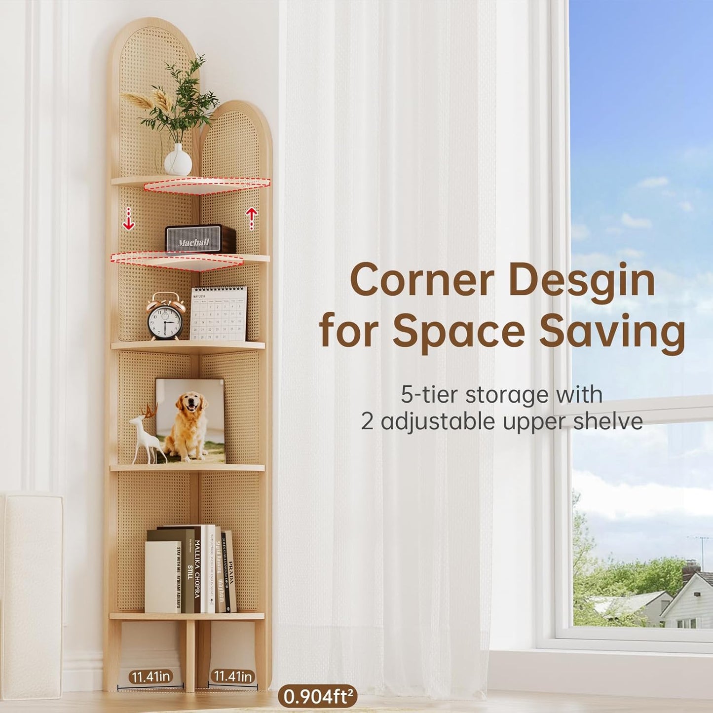 5-Tier Solid Wood Rattan Corner Shelf, Boho Chic Arc Design for Display & Storage, Perfect for Living Room, Bedroom, Bathroom, Natural Brown, 69.29 Inch Tall