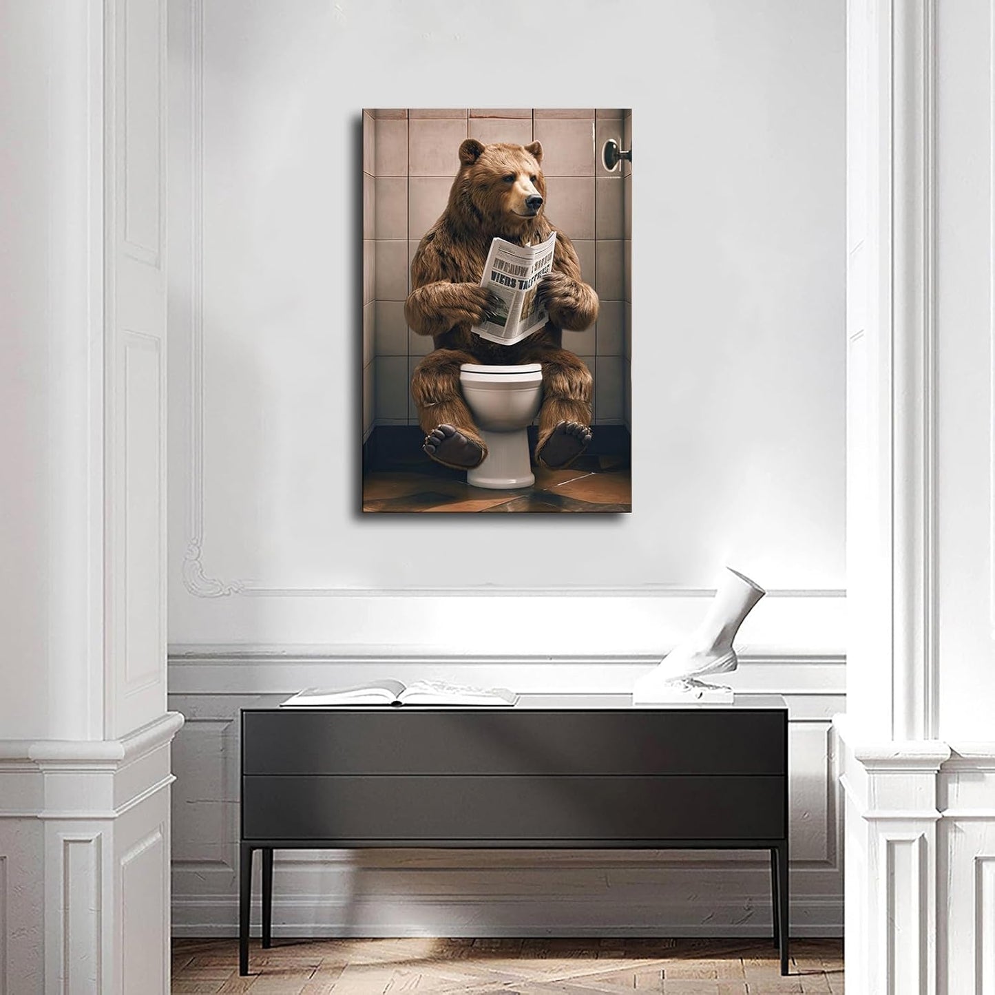 chenmjj Bear Sitting on Toilet and Reading Newspaper Print Poster Picture HD Print Poster Retro Painted Modern Home Bedroom Room Aesthetic Decoration Canvas Art (12x18inch Unframed)