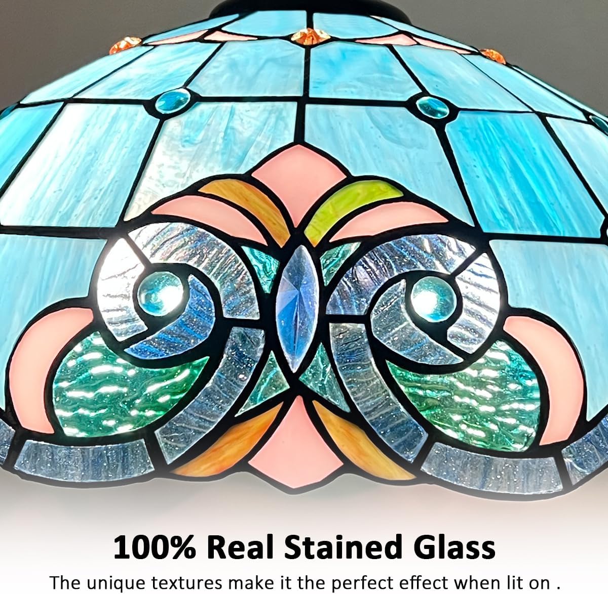 Tiffany Style Pendant Light Fixture 16" Stained Glass Hanging Lamp with Metal Chain for Dining Room Kitchen Bedroom - E26 Base 2 Lights