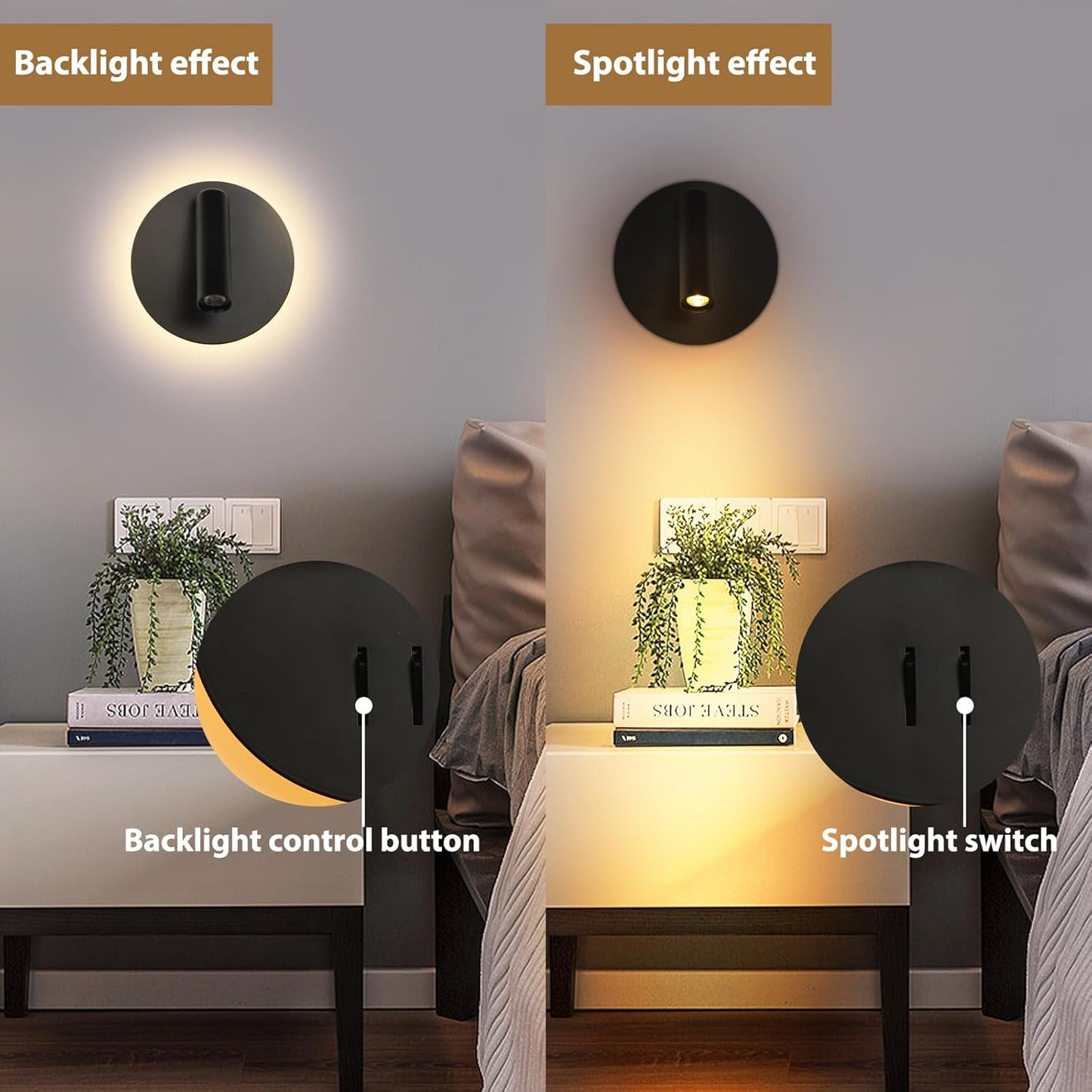 ZEROUNO Hardwired Sconces Wall Mounted Reading Lights with Switch LED Wall Lighting for Bedroom Bedside Lamps (Black)