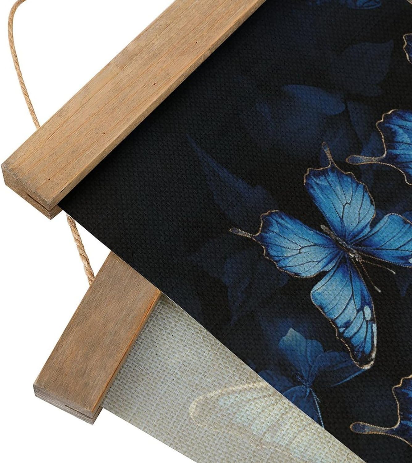 Vintage Dark Blue Butterflies Poster with Wooden Frame Personalized Linen Hanging Scroll Painting Rustic Wall Hanging Illustrative Modern Artwork Decor for Home Living Room Bedroom Office