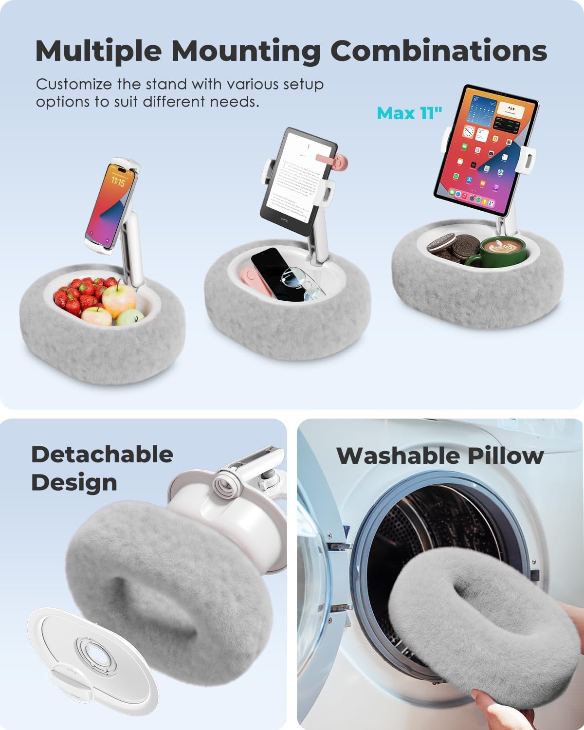 Viozon Tablet Pillow Stand,Kindle Pillow Stand, Compatible with 4-11" Tablet/Phone with Small Bowl, Kindle Holder Accessories,Idea for Reading and Video Watching On Bed,Gray