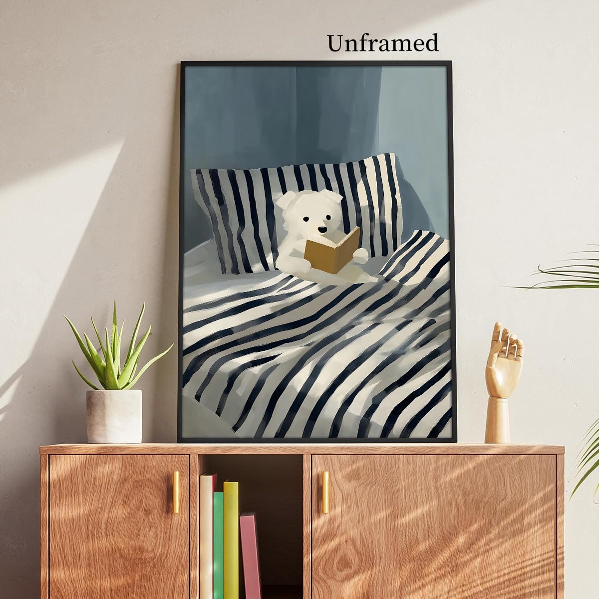Greyhound Reading Book In Bed Canvas Wall Art, Cosy Bedroom Animal Poster for Kids Baby Room, Cute Dog Reading Blue Striped Picture, Bookish Gift Print for Book Lover 12x16in Unframed