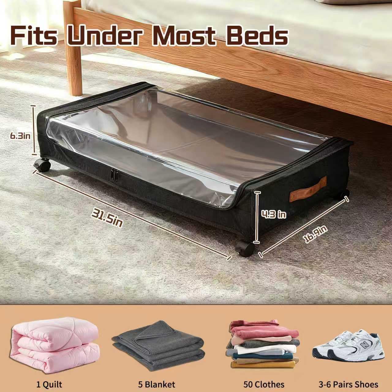 Under Bed Storage with Wheels, 35L Large Capacity Underbed Storage Container with Clear Lid & Label, Rolling Metal Drawer for Clothes, Shoes, Toys, Books, Blankets, Black