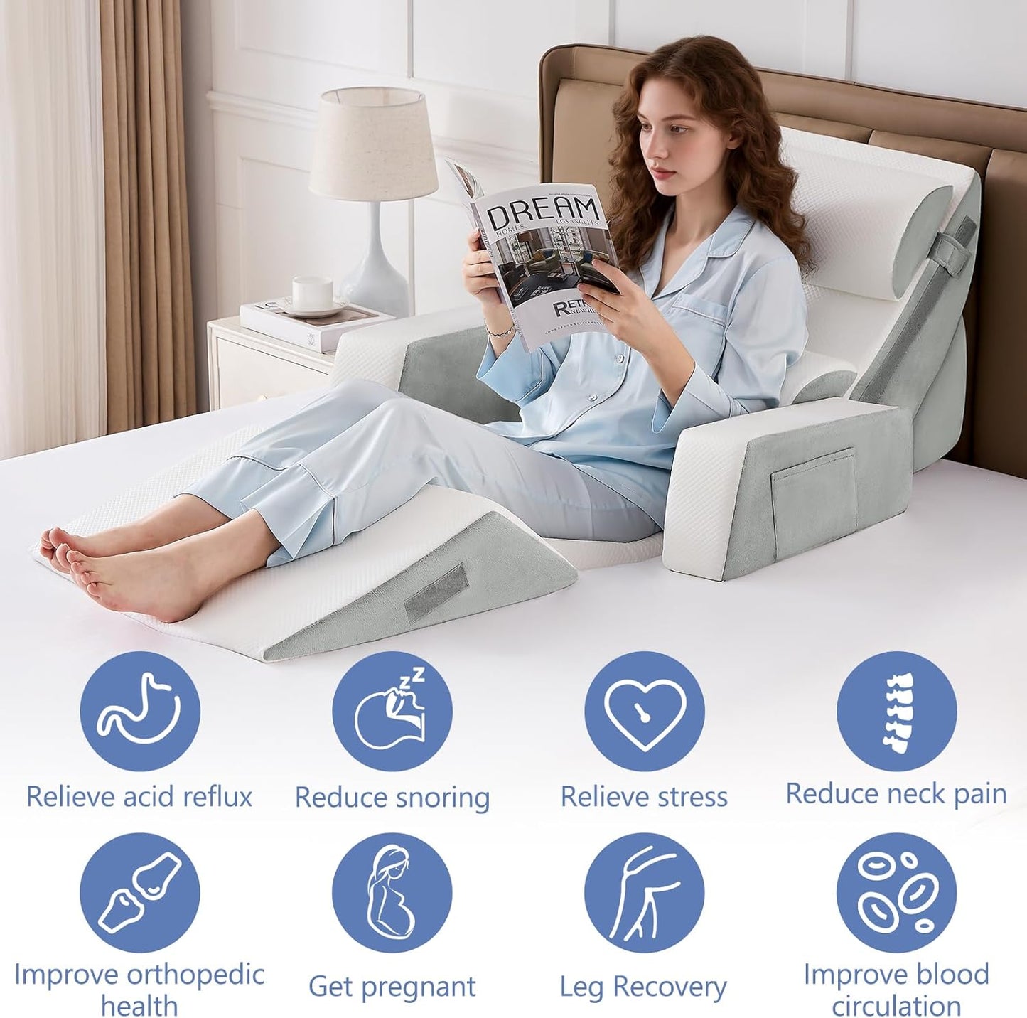 Yojoker 9PCS Orthopedic Bed Wedge Pillow Set for Sleeping, Back and Leg Pain Relief, Post Surgery Foam Pillow for Body, Triangle Adjustable Support Pillow - Acid Reflux Sleeping Pillows