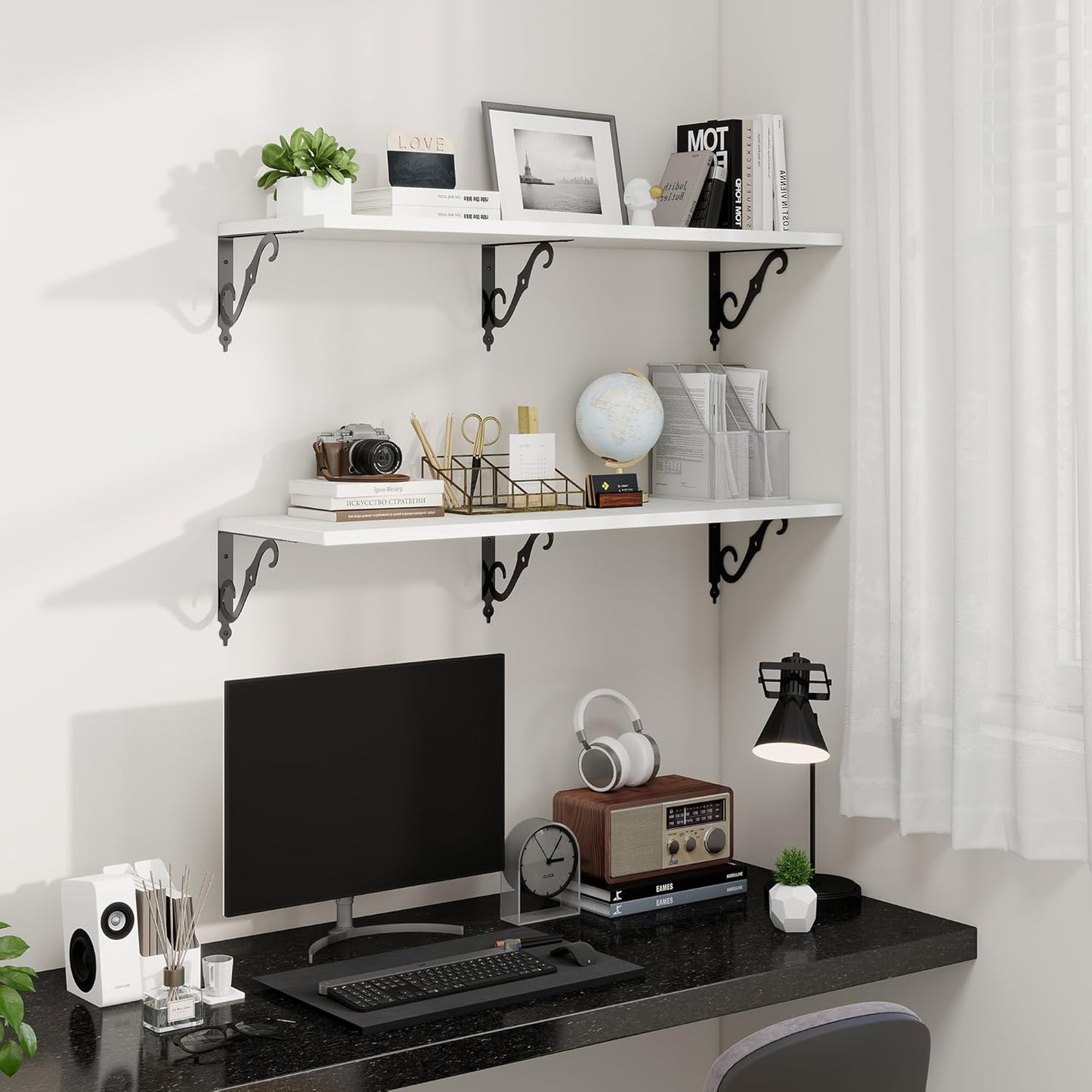 Fun Memories 40 Inch Floating Shelves Wall Mounted, 12 Inch Deep Wall Shelves with Bracket, Rustic Hanging Bookshelf, 40" Bookshelves for for Living Room, Kitchen and Bedroom, White, Set of 2