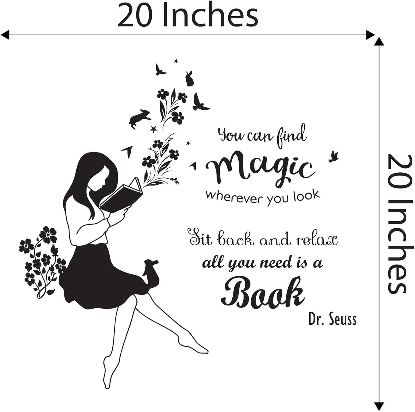 Children Find Magic Wherever You Look Happiness Quote Wall Decal Decoration Book Lover Silhouette Happy Reading Flowers Butterfly Lasts Years and Easily Removable - Size: 20 in(W) x 20 in(H)