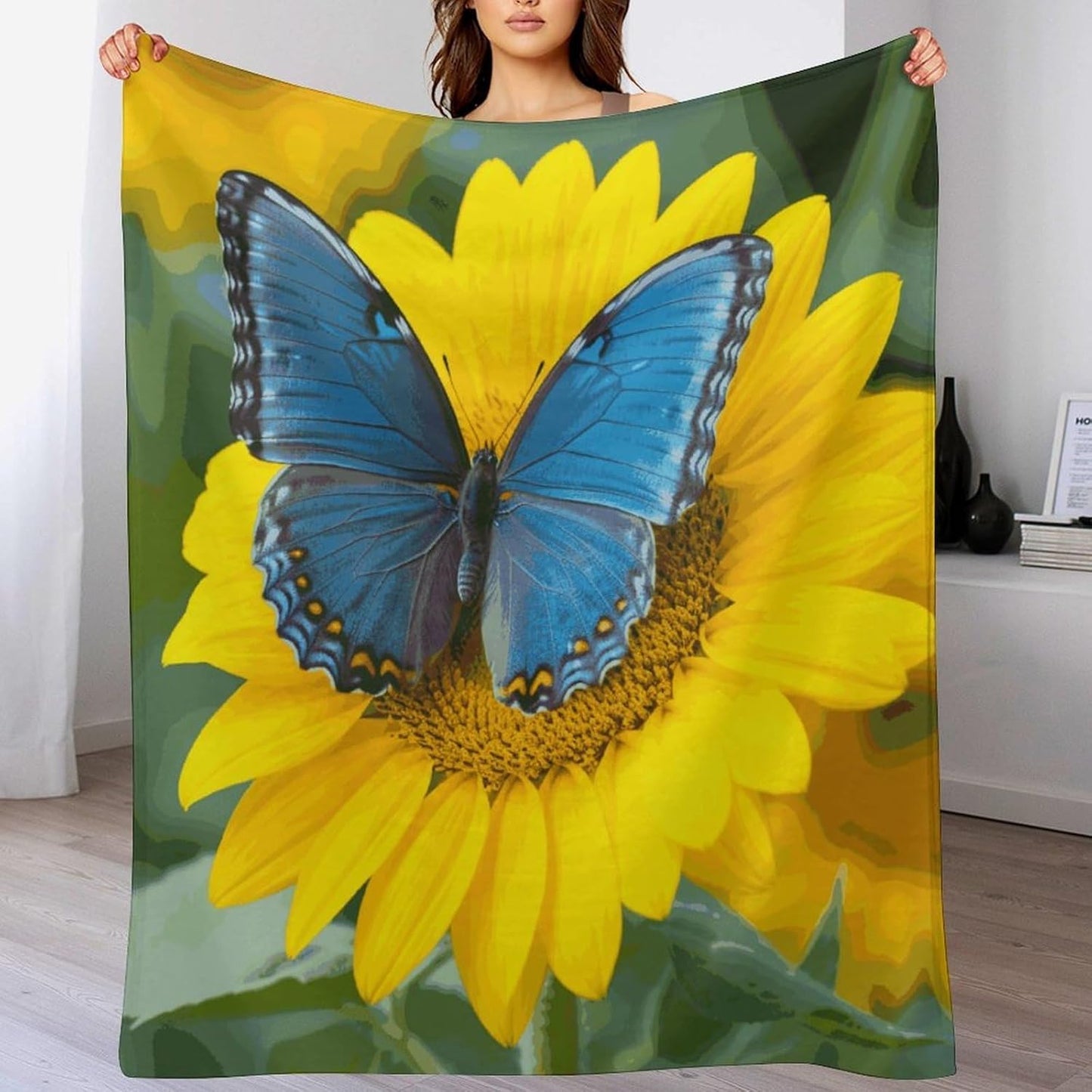 Sunflower Blue Butterfly Blanket Super Soft Lightweight Throw Blanket Cute Cozy Warm Bed Blanket Decorative Fuzzy Blanket All-Season Home Decor Gift for Sofa Couch Living Room 40"*50" （100 * 130cm）