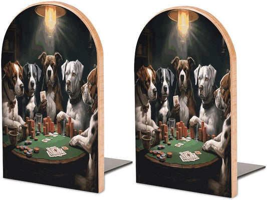 Playing Poker Dogs Bookend for Shelves Wooden Book End Large Size Sturdy Book Holders Stoppers with Metal Base for Bookshelves Slick Decorative Bookends Stands