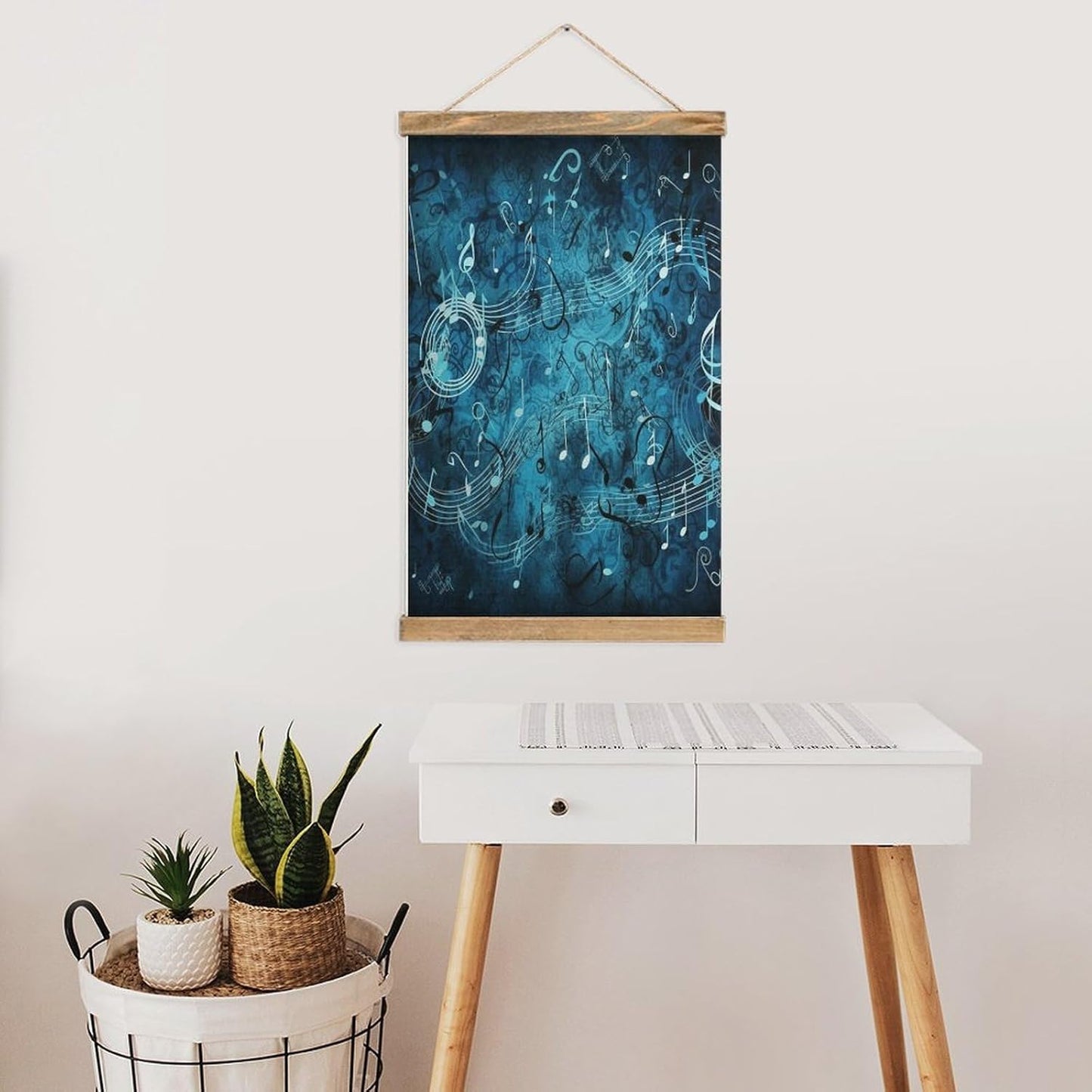 Vintage Blue Musical Notes Poster with Wooden Frame Personalized Linen Hanging Scroll Painting Rustic Wall Hanging Illustrative Modern Artwork Decor for Home Living Room Bedroom Office