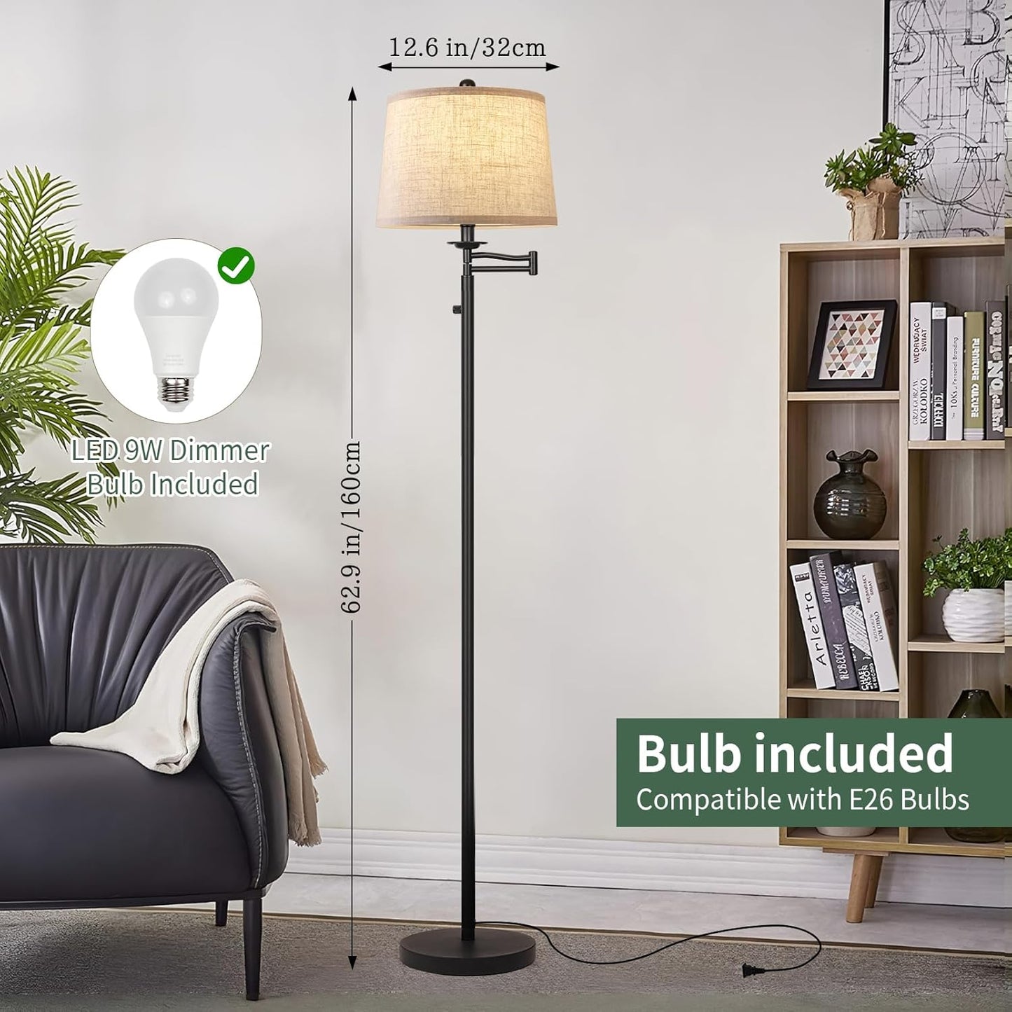 Dimmer LED Floor Lamp,Tall Standing Lamp with Swing Arm,Black Lamp with Dimmer LED Bulb,Elegant Floor Lamp for Living Rooms & Bedroom (Black)