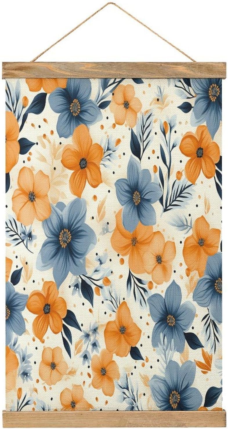 Vintage Blue And Orange Flowers on White Background Poster with Wooden Frame Personalized Linen Hanging Scroll Painting Rustic Wall Hanging Illustrative Modern Artwork Decor for Home Living Room Bedro