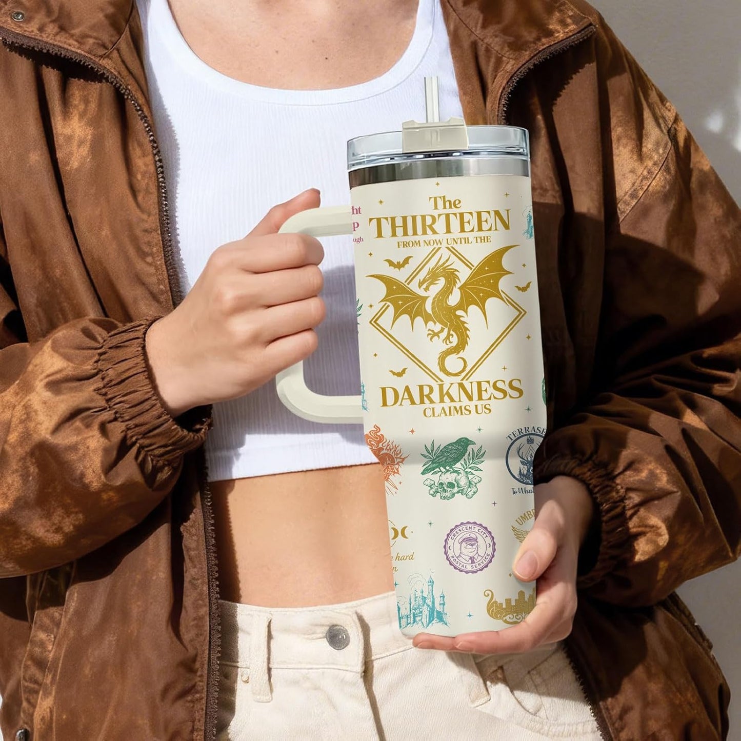 Fantasy Bookish Tumbler - 40oz Insulated Stainless Steel Mug with Handle - Dragon and Sword Throne Aesthetic - You Do Not Yield Quote - Gift for Epic Fantasy Readers, Book Lovers