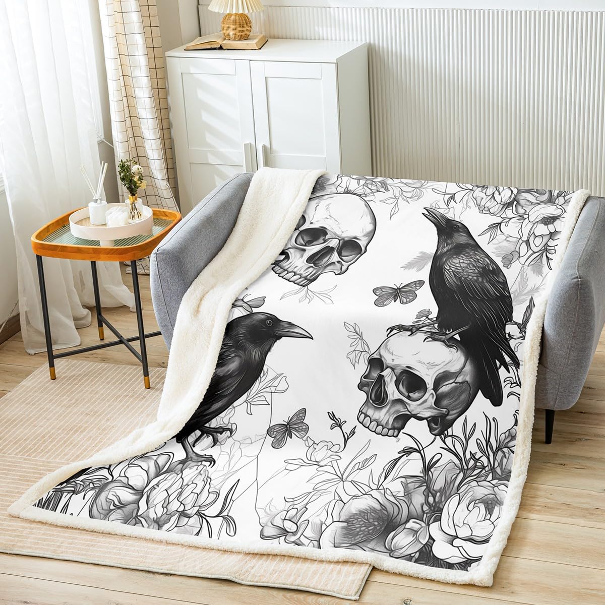 Feelyou Happy Halloween Sherpa Blanket Throw 50"x60" Sugar Skull Fleece Throw Blanket for Bed Sofa Couch Decor Horror Theme Plush Blanket Boys Girls Raven Animal Print Fuzzy Blanket Flannal Blanket