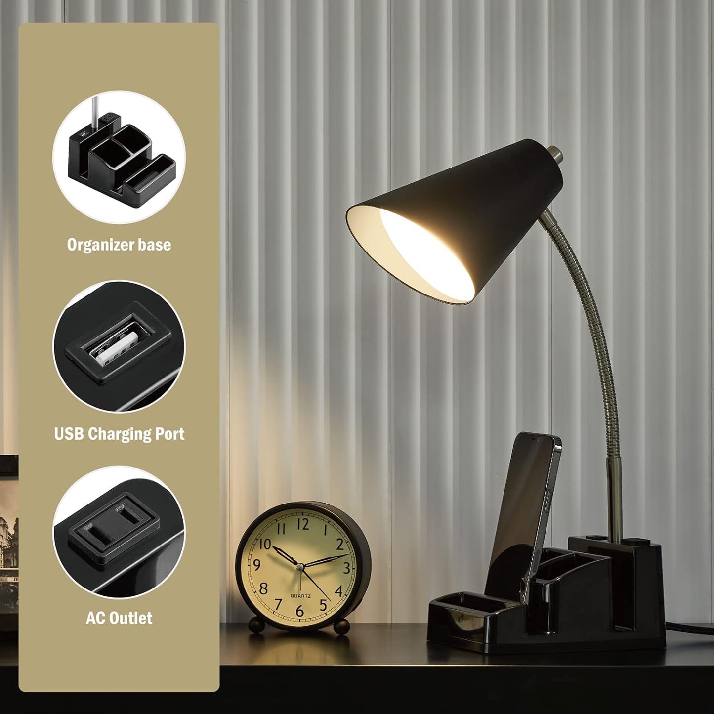 USB 충전 포트 1개와 AC 콘센트 1개가 있는 LED 책상 램프, 오거나이저 베이스, 조절 가능한 목, 온/오프 스위치, 독서, 작업, 공부를 위한 현대적인 테이블 램프, 부드럽고 따뜻한 백색광, 눈 보호(블랙)