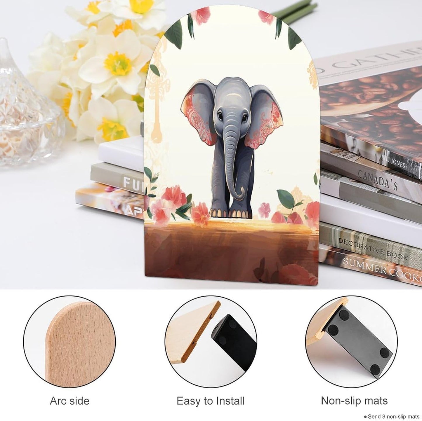 Lucky Elephant Bookend for Shelves Wooden Book End Large Size Sturdy Book Holders Stoppers with Metal Base for Bookshelves Slick Decorative Bookends Stands