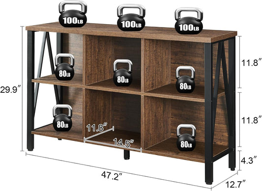 HOMISSUE Cube Storage Organizer Shelf, Rustic Short Wide Bookshelf with 6 Cubes, Industrial Low Cubby Bookcase with 3-Tier Shelves, Horizontal Book Case for Living Room, Office, Brown