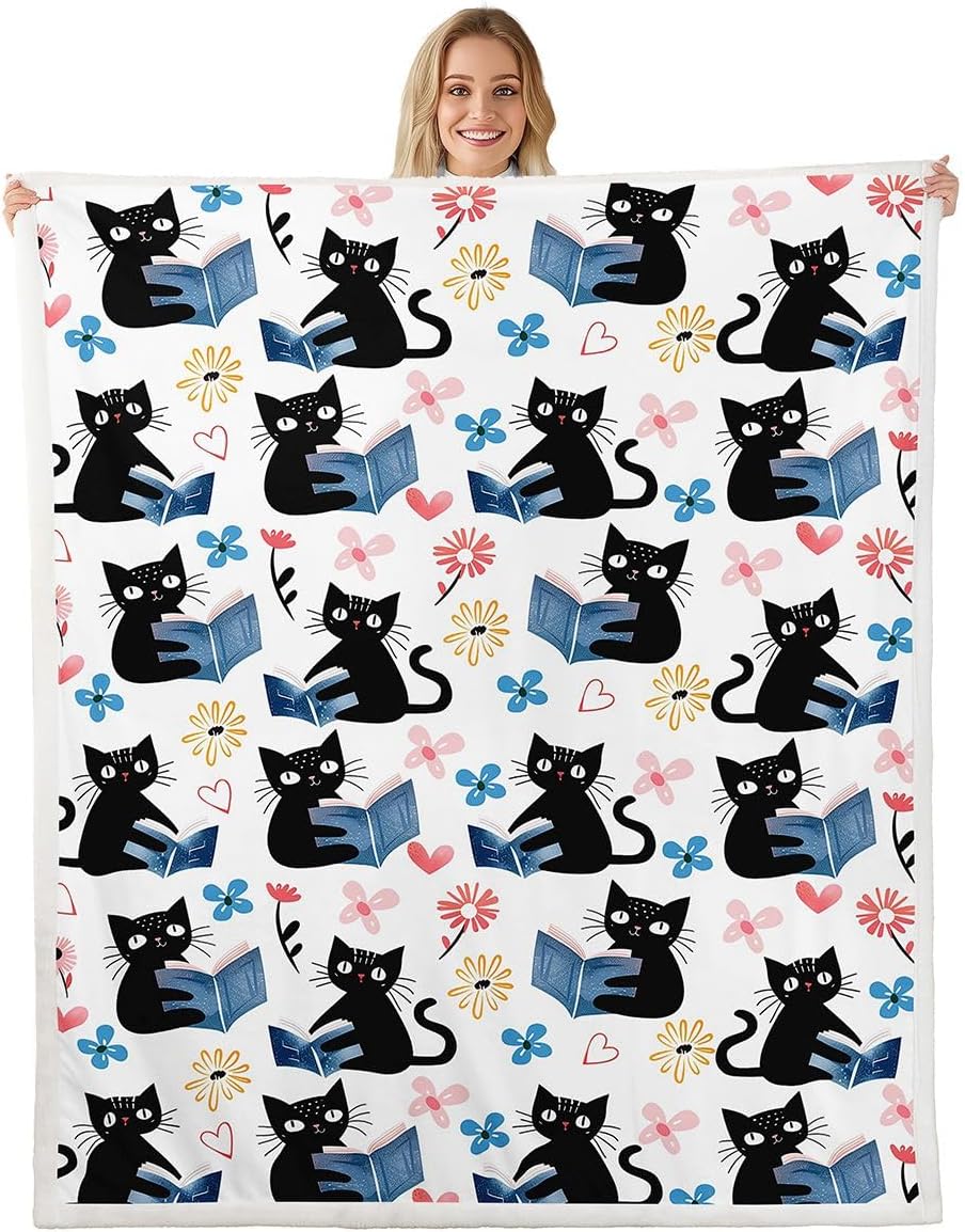 Erosebridal Kawaii Pet Cat Sherpa Blanket Black Kitten Cat Lovers Fuzzy Plush Throw Trendy Preppy Florals Fleece Blanket for Kids Adults Cute Animals Reading Aesthetic Decor for Bed Couch Twin Size