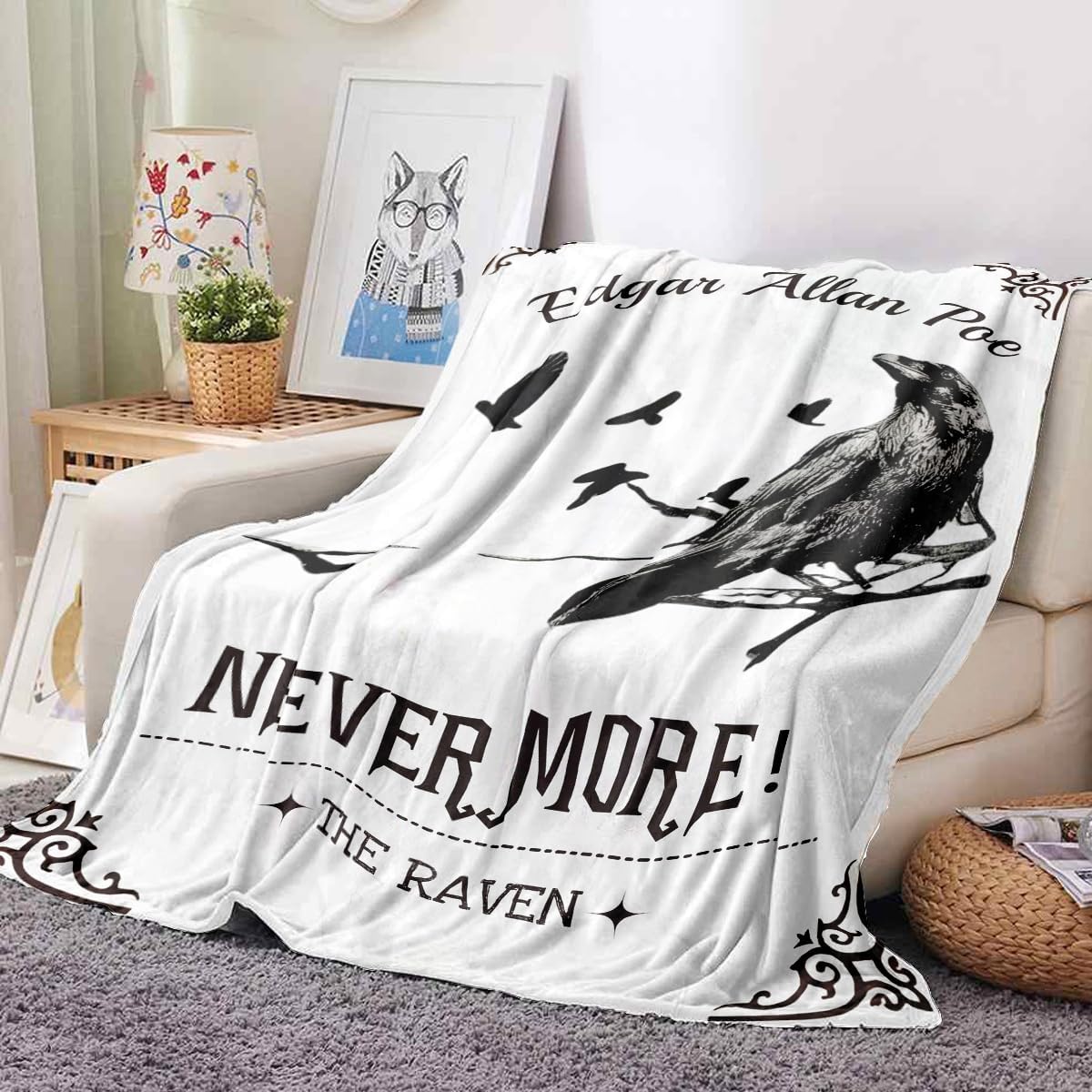 YWMAN Edgar Allan Poe & Raven Fleece Throw Blanket, Gothic Blankets Fuzzy Gifts for Sofa Couch Bedroom (50" x 60", The Raven)