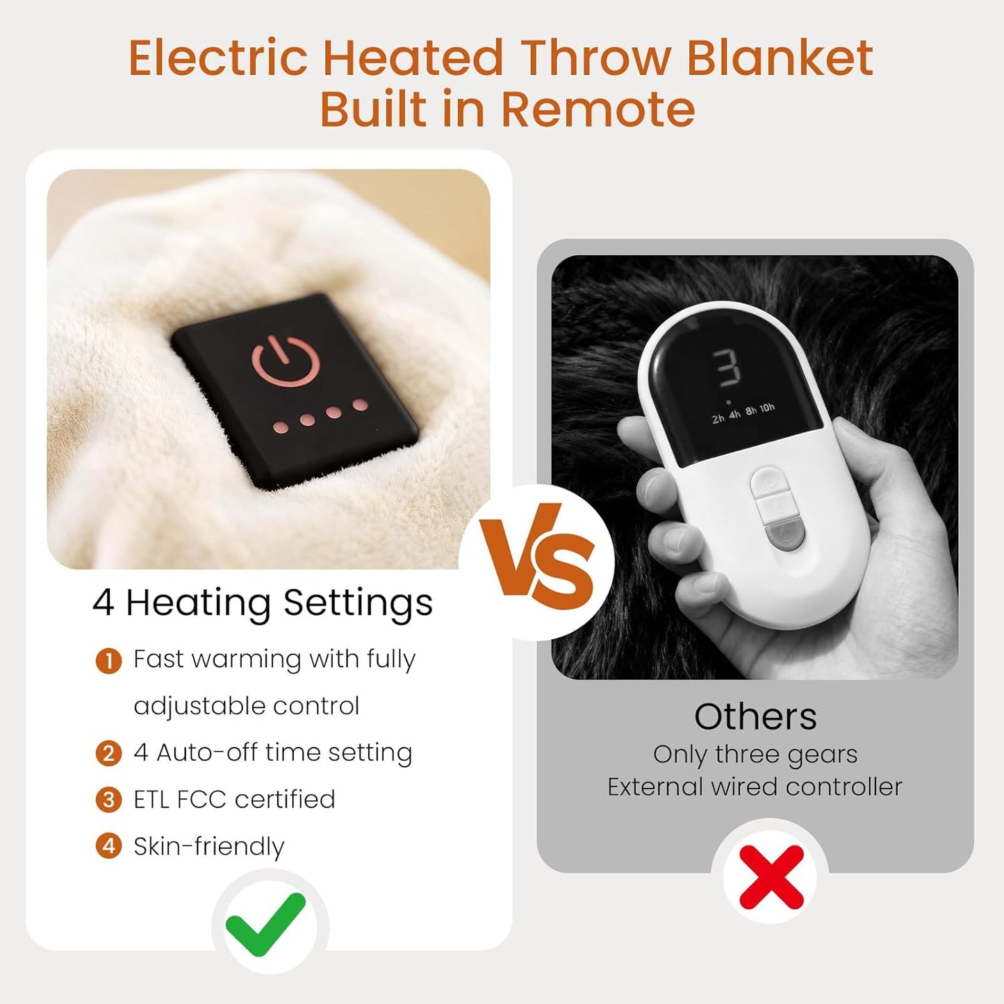 Heated Throw Blanket Electric Blanket with Built-in Button Controller 50"x60" One-Touch Ultra Cozy Soft Warm Heating Electric Blanket with 4 Heat Levels & 4 Hours Auto-Off Overheat Protection