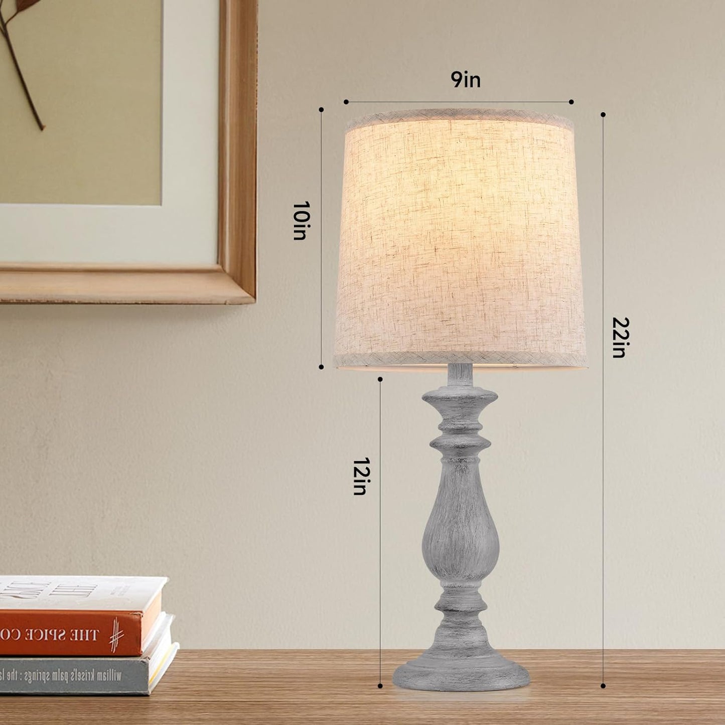 Lamps Set of 2 Vintage Rustic Farmhouse Table Lamps Bedside Reading Lamp Bedroom Nightstand Living Room Teapoy Lamp, Desk Light, 22 Inch High, with Fabric Shade (Grey, 22 Inch High)