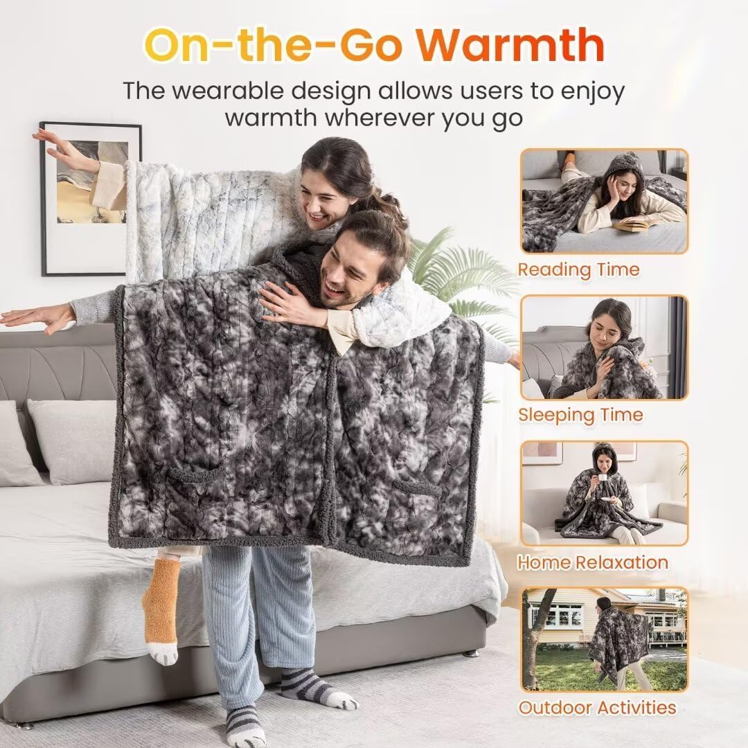 WOOMER Wearable Heated Electric Blanket 50”×60“, Soft Faux Fur & Cozy Sherpa Heated Wrap Poncho with Hood and Pocket, 4 Heat Levels & 4H Auto Off, Gifts for Parents and Friends