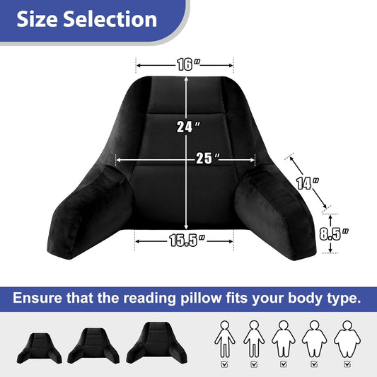 Reading Pillows for Sitting in Bed Adult, Back Pillow for Bed Sitting Up, Backrest Pillows with Shredded Foam for Adult&Teens, Support Pillow with Arms for Beds, Couch, Floor, 24in, Black
