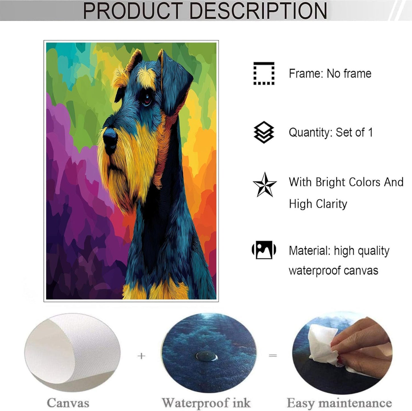 GDJSMIN Oil Painting Animal Pattern Wall Art, Airedale Terrier Portrait Poster for Reading Room Living Room Decor 16x 24 inch Unframed