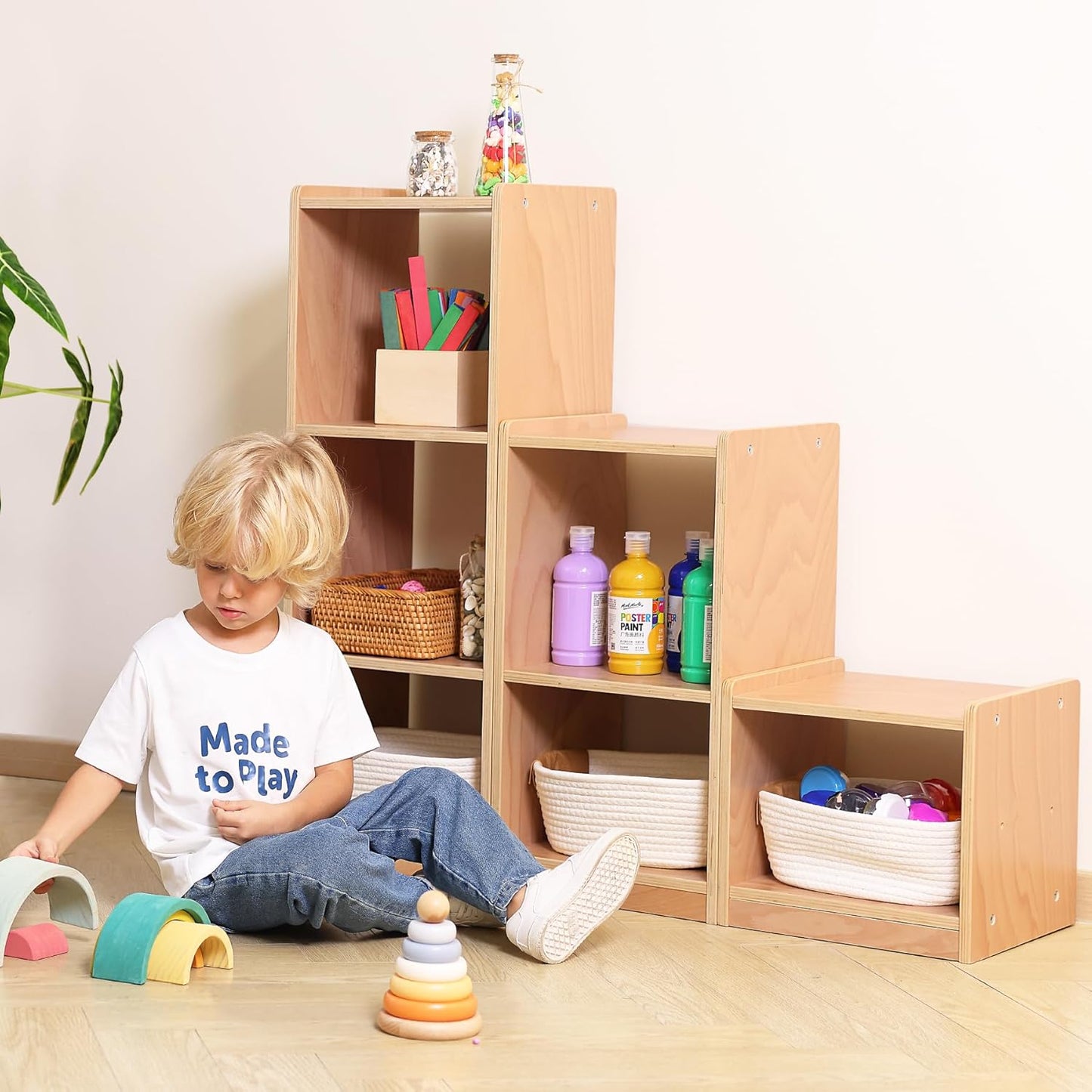 Modular 3-Piece Cube Storage Cabinet, L-Shaped Reversible Ladder Corner Bookshelf with 6+ Cubes, 4-Tier Wooden Freestanding Organizer for Kids Room & Home Office, Natural