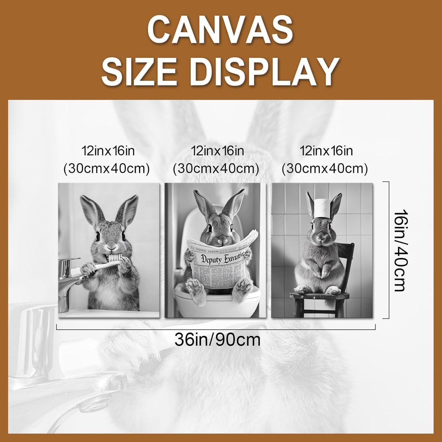 PoGoXiPoYo 3 Pieces Bunny Wall Art Canvas Prints Black and White Cute Rabbit Reading on Toilet Brush Teeth Bathroom Wall Decor Modern Artwork for Restroom 12"x16"x3