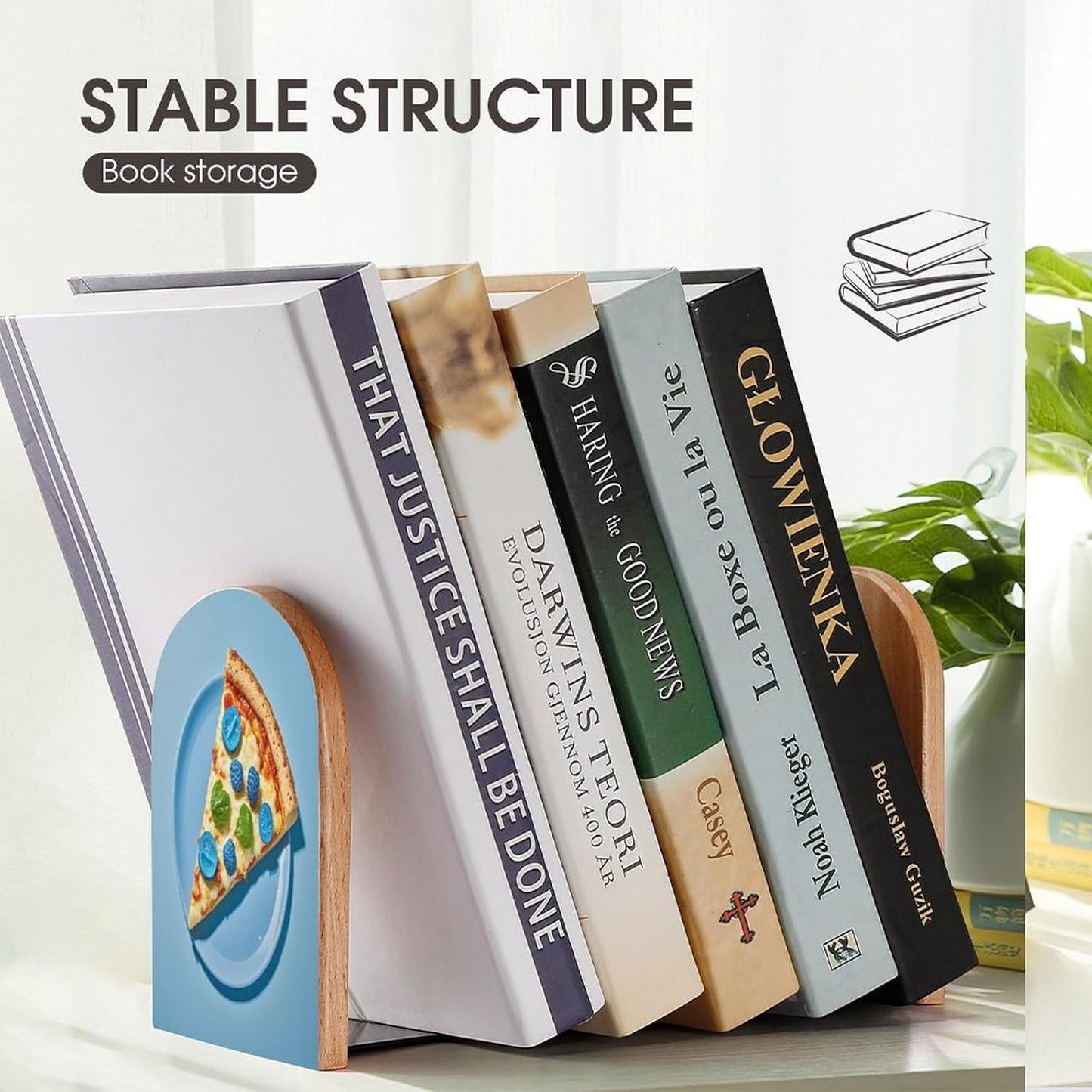 Light Blue Pizza Slice Bookends 1 Pair Heavy Duty Book Ends for Shelves Non-Skid Bookend Supports Wooden Book Holders with Metal Base Desk Organizers Books Storage to Hold Books