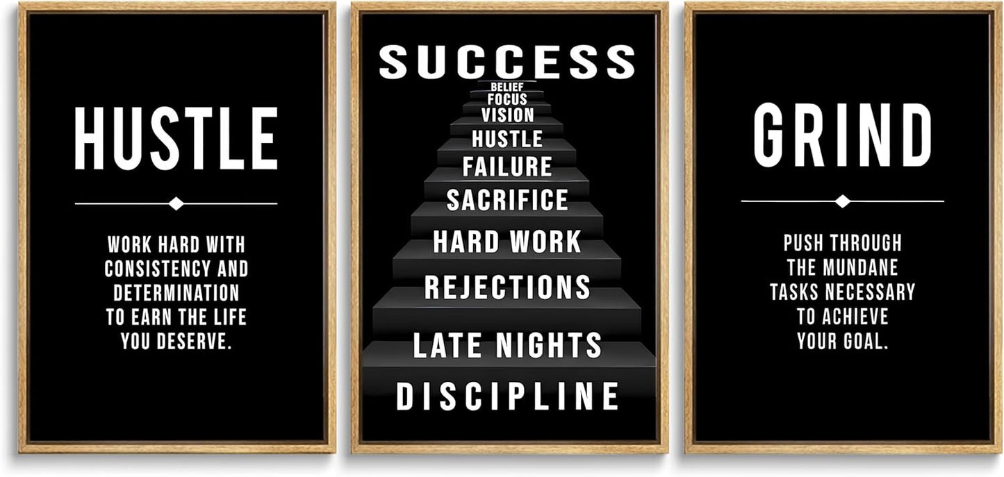 3Pcs Black and White Inspirational Phrases Wall Art Stairway to Success Canvas Posters Prints Never Give Up Pictures Paintings Office Wall Decor for Home Gym Workplace Unframed