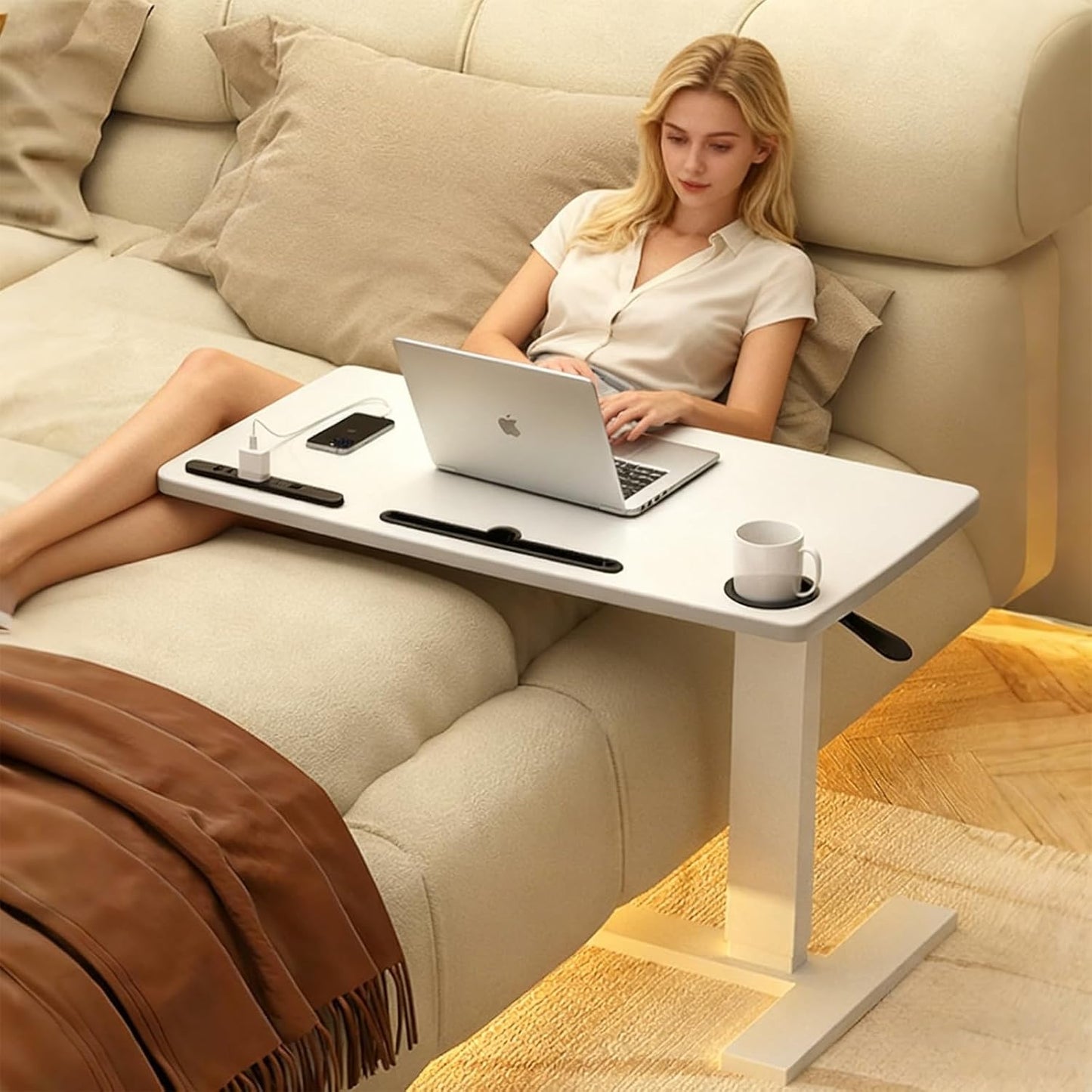 Overbed Table,Hospital Bed Table,Pneumatic Bedside Table Adjustable Over The Bed with Hidden Wheels&USB,Mobile Laptop Cart&Rolling Tray Table Hospital Home Use-White1