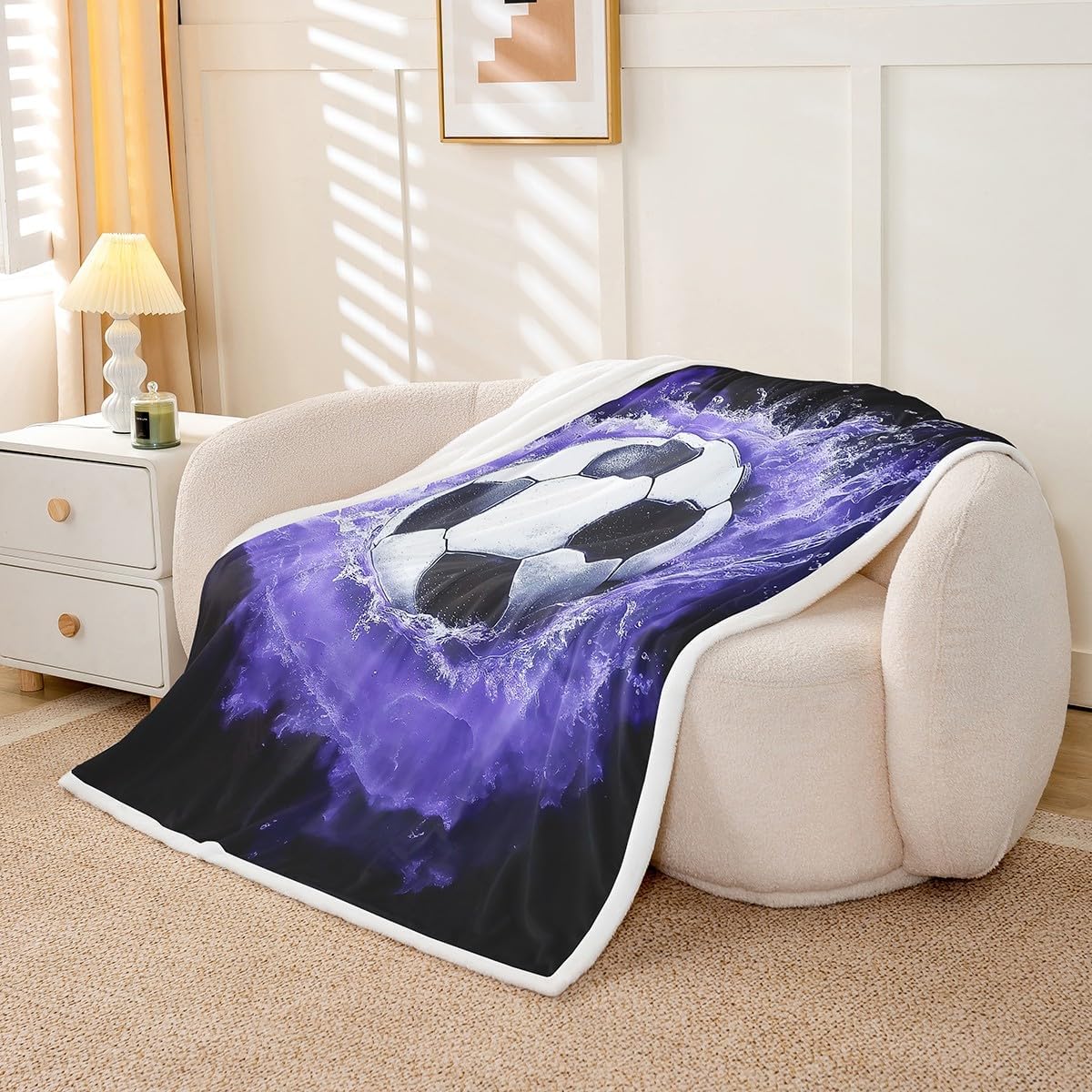 Feelyou Soccer Fleece Throw Blanket Twin 60"x80" Soccer Ball Game Plush Blanket Gift for Football Lover Sherpa Blanket Rugby Sports Fuzzy Blanket Purple Black Flannal Blanket