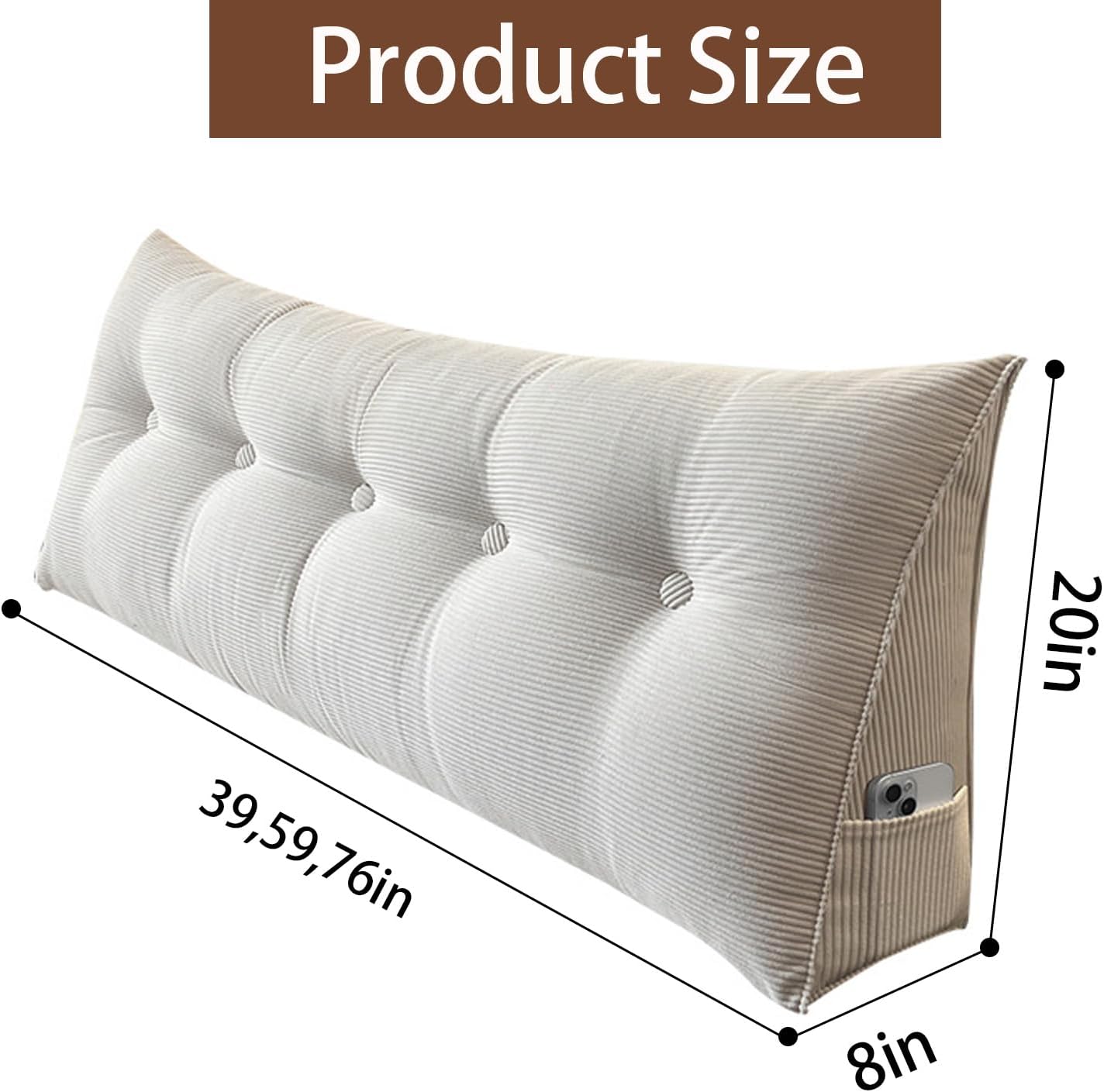 Djft Wedge Headboard Pillow, Bed Backrest Reading Cushion with Removable Cover, Large Sitting Support Pillow with Side Pockets (White, King 76in)
