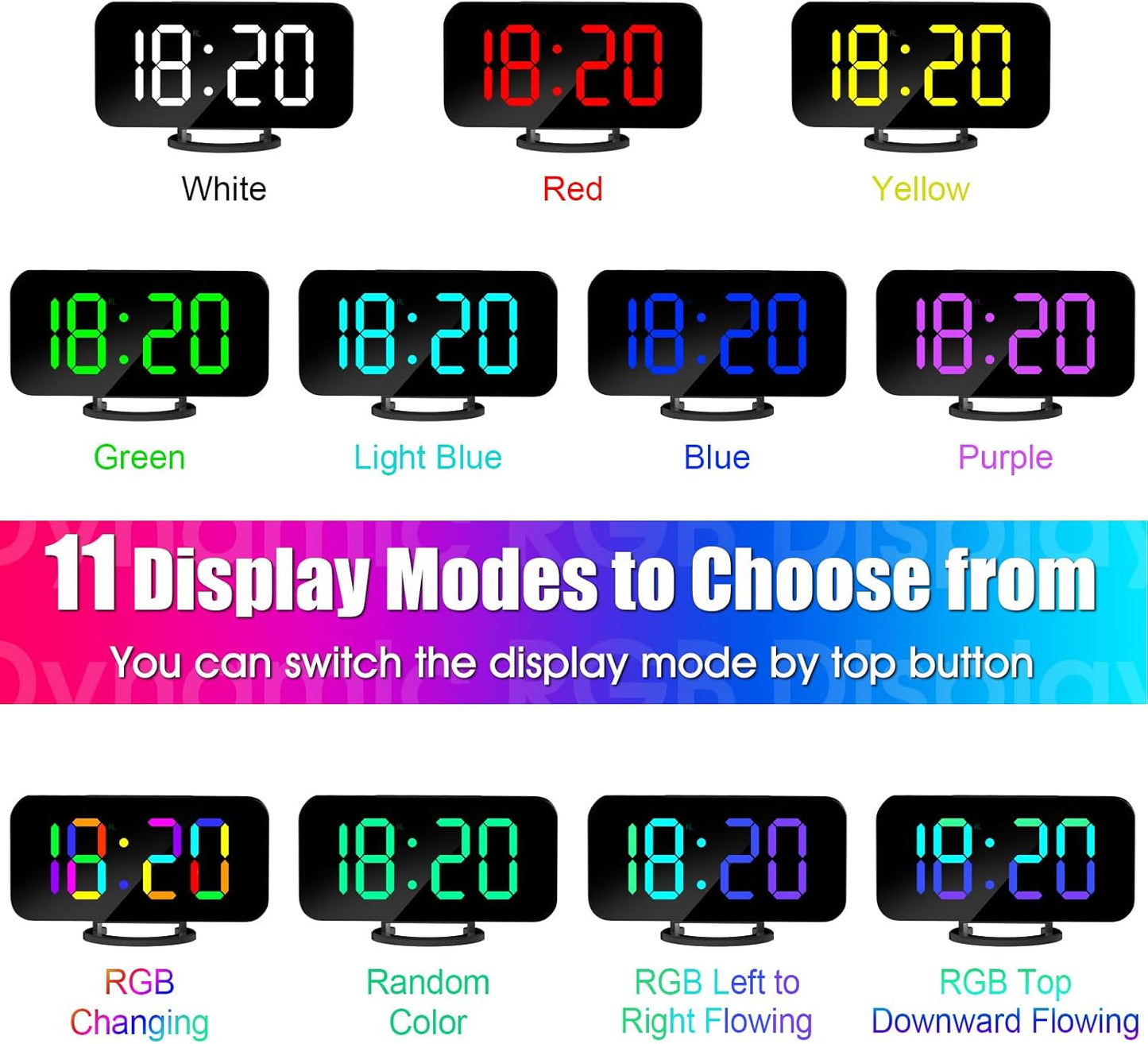 WulaWindy RGB Digital Clock - LED Alarm Clocks Large Display Mirror Surface with Dual USB Ports for Modern Decorations Aesthetic Home Bedroom Living Room Office and Wall Decor - Black