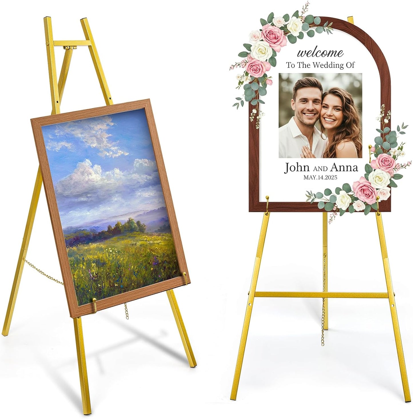 Gold Easel Stand for Sign, Heavy Duty Metal Adjustable Display Stand with 4 Tier, 44'' Height Large Floor Standing Easel for Painting, Poster, Mirror, Art, Welcome Wedding Signs