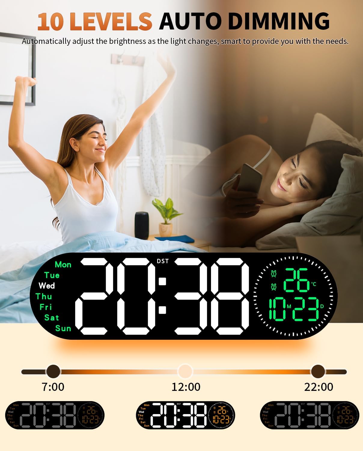 17.2 Inch Large Digital Wall Clock with 9 Color Changing Remote Control, Date Week Temperature, Auto Brightness Dimmer Big Clock Night Lights,Green