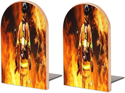 Firefighter Fireman Flame Wooden Bookend Non-Slip Book Ends Heavy Duty Book Stopper with Metal Base Books Holderd Decorative Bookends Stands Firmly for Office Supplies
