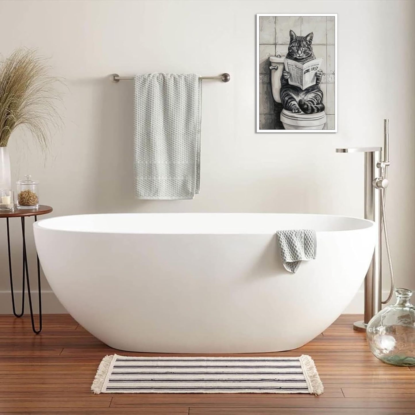 Black And White Bathroom Canvas Wall Art Funny Cat Reading Newspaper Poster Retro Abstract Cute Animal Picture Prints Painting For Home Bathroom Toilet Restroom Wall Decor 12x16in Unframed