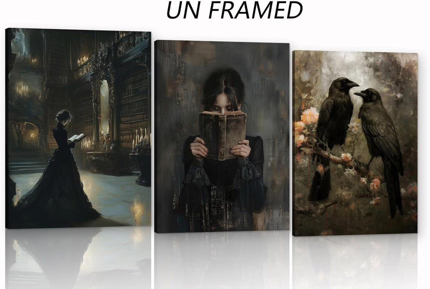 3Pcs Gothic Wall Art Halloween Wall Decor,Dark Academia Library Paintings ,Victorian Woman Reading Vintage Bookish Literary,Raven Couple in Dark Forest for Bathroom Living Room Decor Unframed 16"x24"