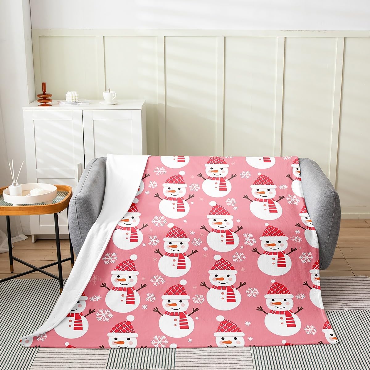 Feelyou Merry Christmas Blanket 40"x50" Merry Christmas Tree and Snowman Plush Throw Blanket for Kids Boys Girls Decor Cute Snowman Flannel Fleece Blanket Pink