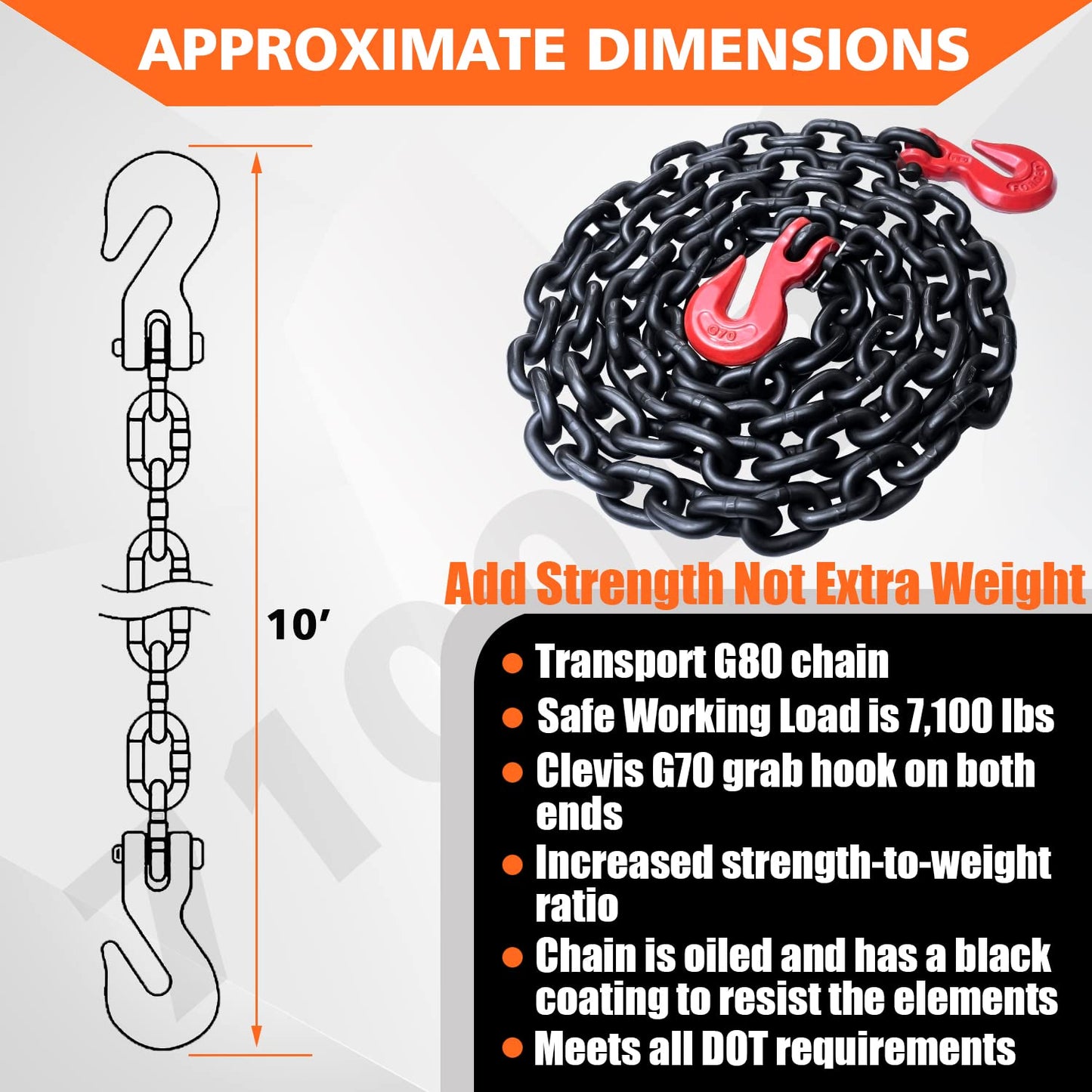 G80 Binder/Safety Chain 3/8 Inch x 10 Foot Transport Binder Chain with Clevis Grab Hooks 7,100 lbs Safe Working Load Logging Chain for Transporting Towing Tie Down Binding Equipment