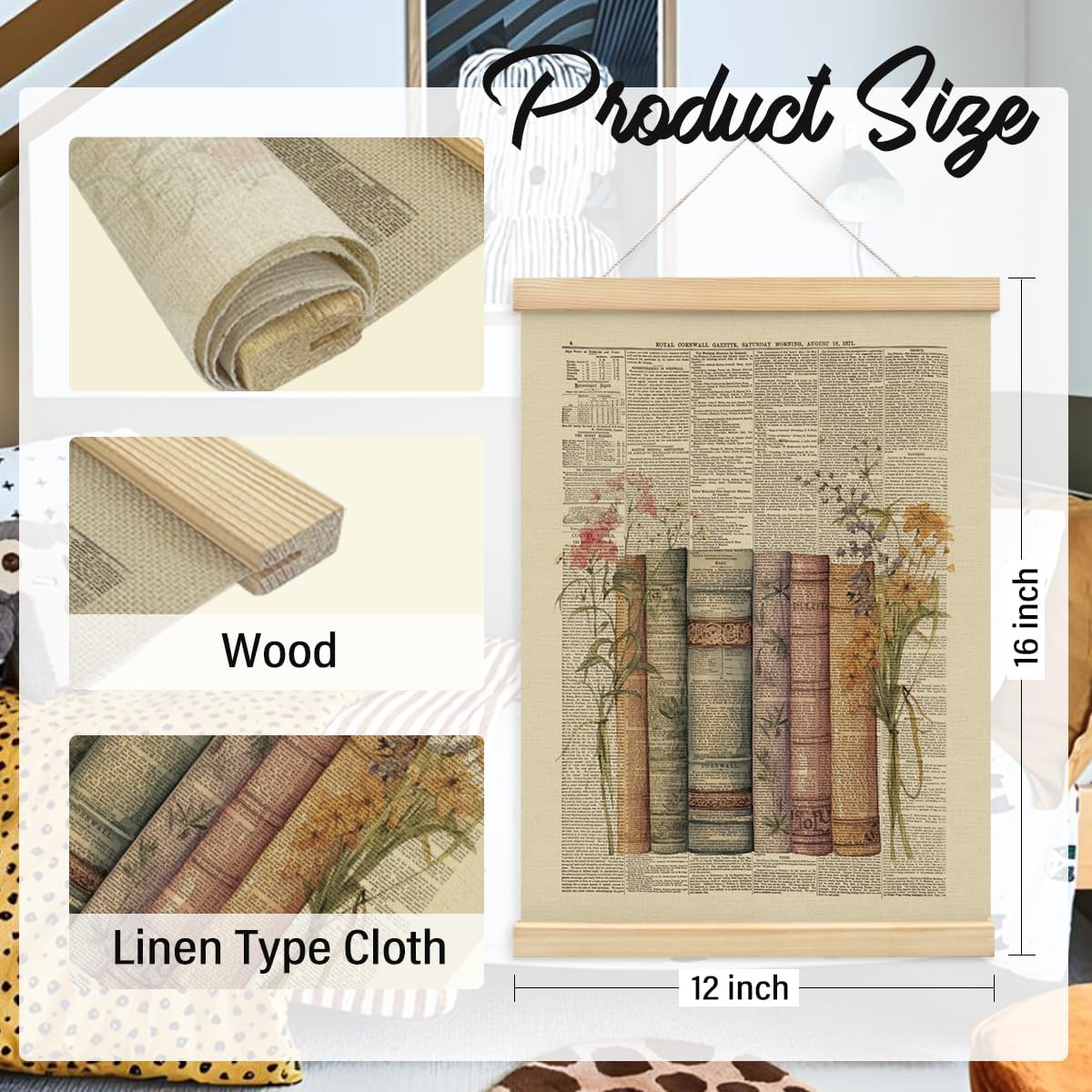 Wheatwin Vintage Book Posters, Retro Floral Book Wall Art with Wooden Poster Hanger, Reading Corner Decor for Classroom, Reading Nook Decor, Bookish Decor, Library Posters, 12x16 Inch